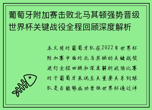 葡萄牙附加赛击败北马其顿强势晋级世界杯关键战役全程回顾深度解析