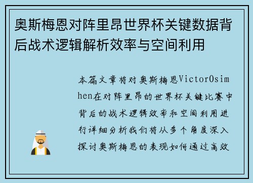 奥斯梅恩对阵里昂世界杯关键数据背后战术逻辑解析效率与空间利用